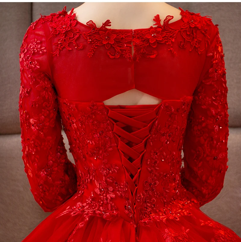 Винтажное кружевное свадебное платье с длинным рукавом Vestido De Noiva, бальное платье с v-образным вырезом, Красные Свадебные платья с длинным шлейфом, Robe De Mariee