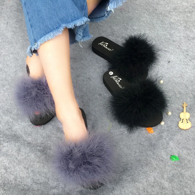 Fur slides woman flip flops European brand design fur slippers colorful sandals beach shoes chaussure femme | Обувь