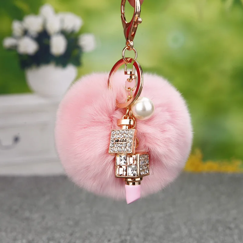 Модный брелок с помпоном из кроличьего меха и жемчугом|porte clef|pompon keyringlipstick keychain |