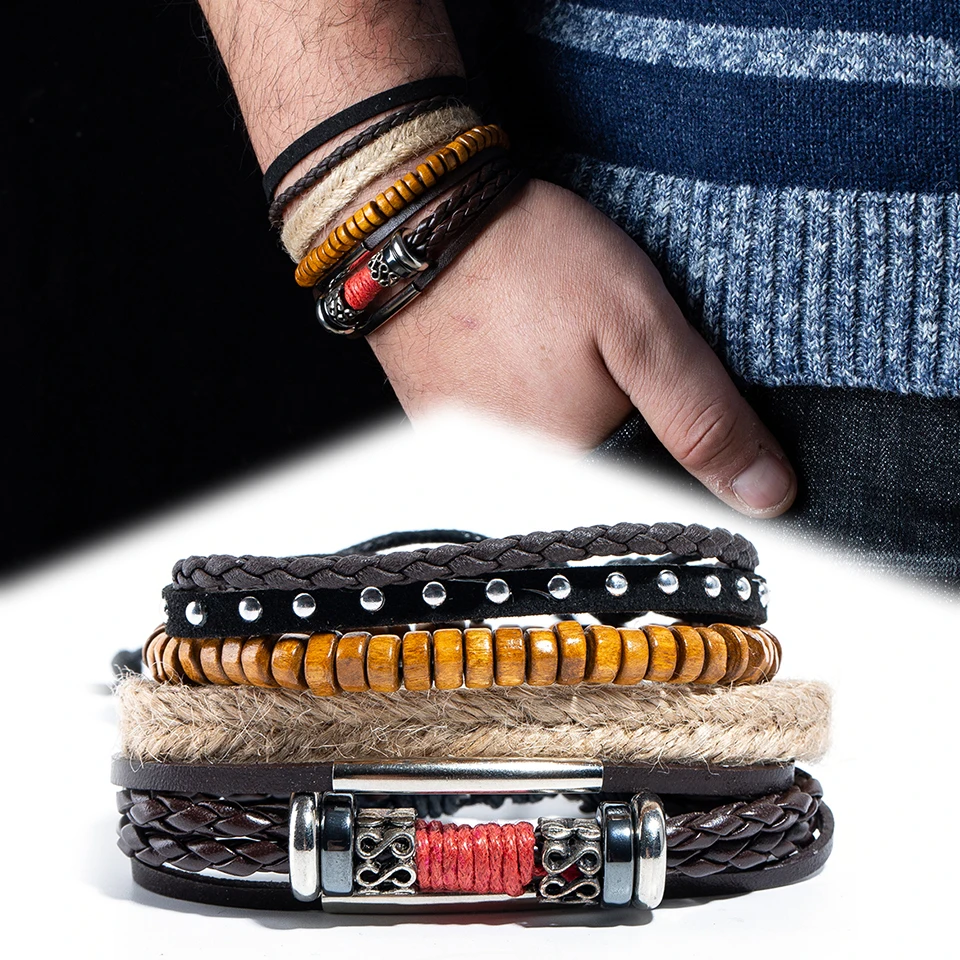 Несколько кожаных веревок Fanshion браслеты набор для мужчин подарки 2019 кожаный