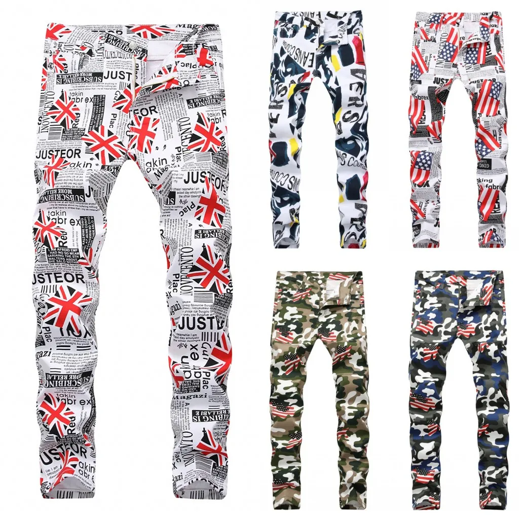 Men's Camouflage UK USA Flag Print Jeans Men Slim Skinny Printed Biker Jeans Casual Hip Hop Denim Pants Drop Shipping 13 colors