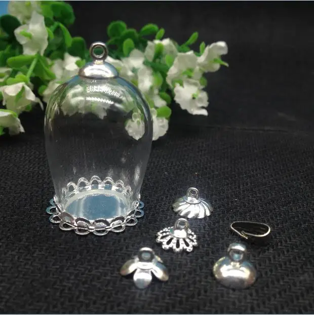 100sets 30x18mm Transparent oval-shaped glass globe bubble silver doule lace tray vial pendant craft charm necklace jewelry