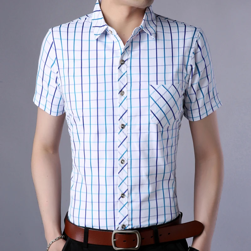 2018 летние Рубашки в клетку Для мужчин короткий рукав Slim Fit повседневные платья