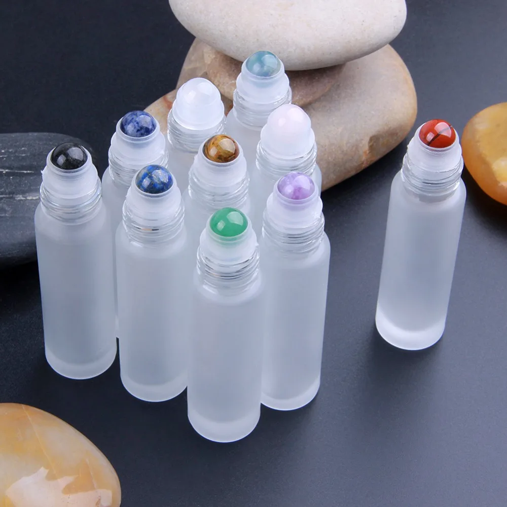 

yaye 10pcs Natural Reiki Healing Stones Crystals Carved Gemstone Roller Ball Essential Oil Bottles 10ml Frosted Glass