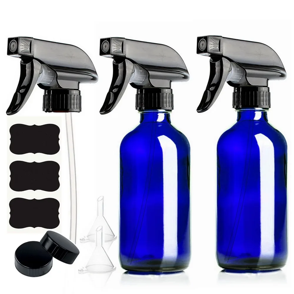 

250ml Empty Cobalt Blue Glass Spray Bottle with Trigger Sprayer & Chalkboard Labels for Plants 8 Oz Refillable Containers 2 Pack