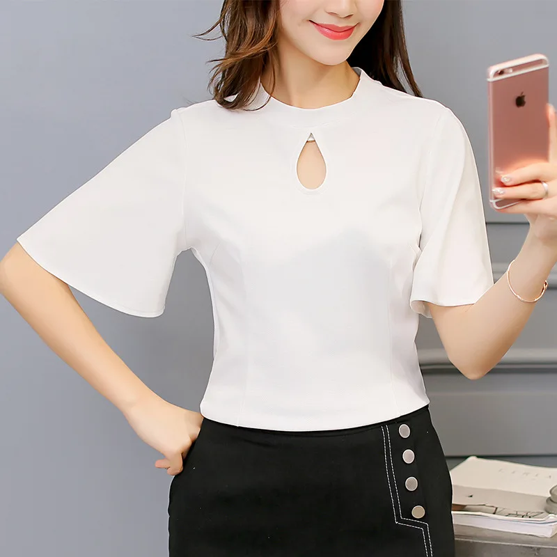

women white blouse shirt polyester O neck short sleeve summer autumn Korean tops female clothing