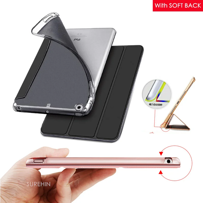 Nice flexible silicone back PU leather case for apple ipad mini 3 2 1 cover slim thin flip soft tpu protective smart case skin