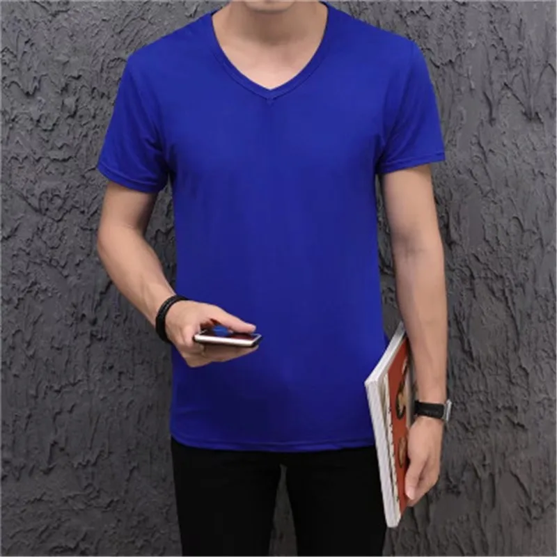 Summer new men's solid color short-sleeved V-neck T-shirt multi-color bottoming shirt t-shirt | Мужская одежда