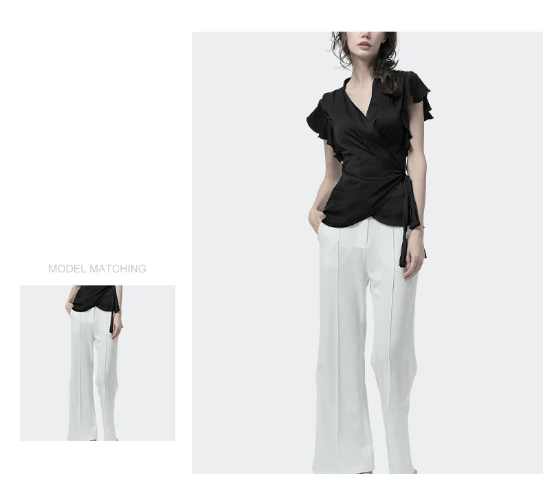Silk Blouse Women Tunic Tops With Belt Crossed Lace Up Summer Cardigan Short Sleeve Sexy V-Neck Slim Black Women' Shirt