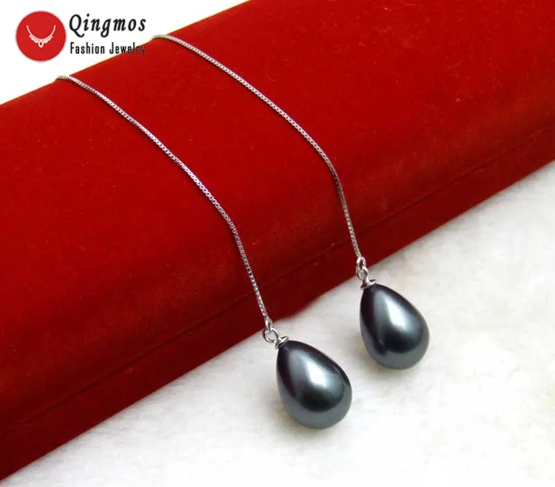 Qingmos, Настоящее серебро, S925, серьги 4 дюйма, для женщин и 12*16 мм, черная капля, морская раковина, жемчуг, Earring-ear663