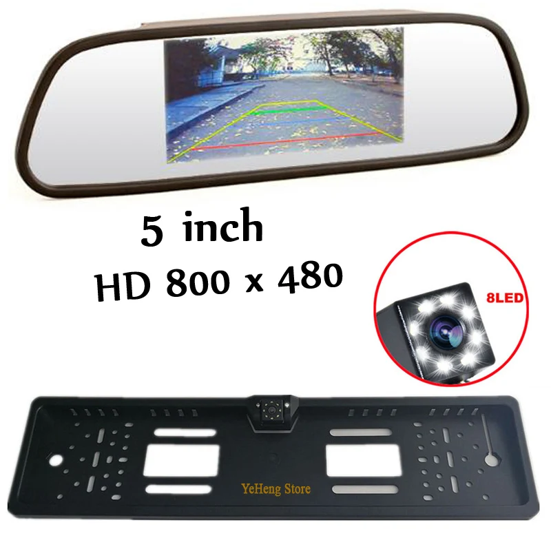 

2017 Hot sale 5" Car Video hd Parking Monitor 800 x 480+ 8Leds HD CCD European Russia License Plate Frame Auto Rear View Camera