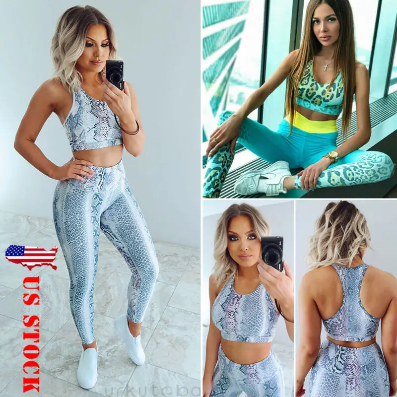 US Women Work Out Gym Clothes Sets Running Yoga Fitness Sportwear Tops+Pants Vest Bra Sports Legging Pants |