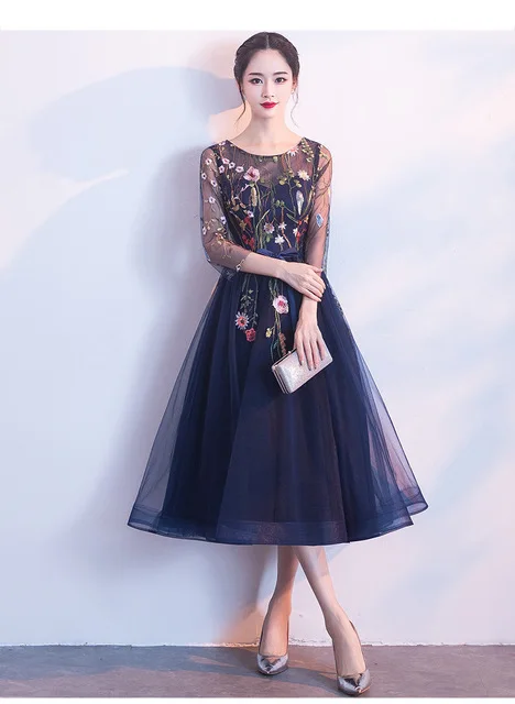 Dark Blue Tea Length Тюлевое вечернее платье с цветочным рисунком, длинное платье с круглым вырезом, платье для выпускного вечера, рукав три четверти, модное вечернее платье - Цвет: Dark Blue Tea Length