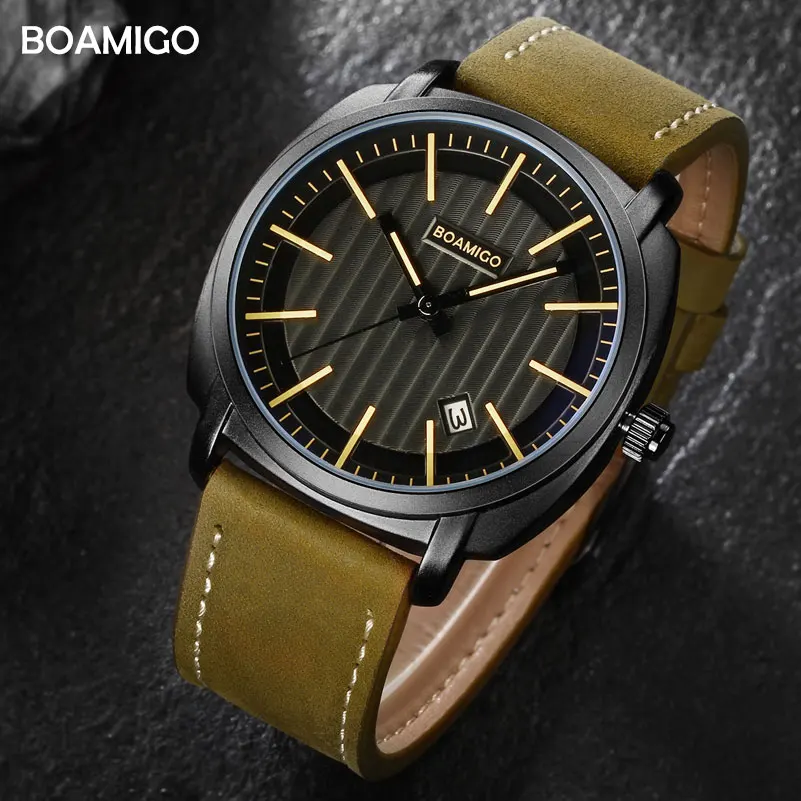 Модные мужские часы BOAMIGO Топ бренд Роскошные Кварцевые кожаный ремешок