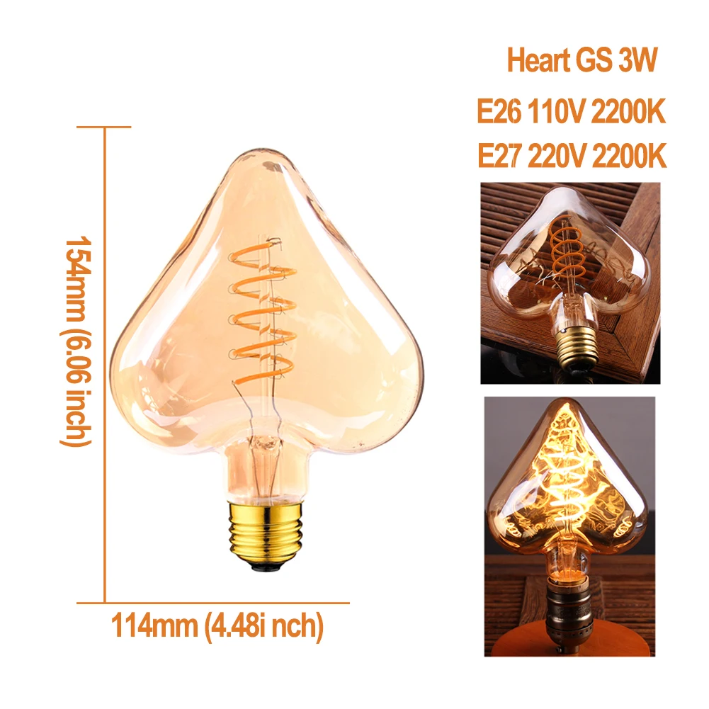 Heart E26 E27 GANRILAND E14 E27 светодиодная лампа 110 V-240 V с регулируемой яркостью, светодиодный светильник накаливания, ультра теплый 2200K Золотой Эдисон, спиральные лампы, ампулы, светодиодные E27 - Испускаемый цвет: Heart E26 E27