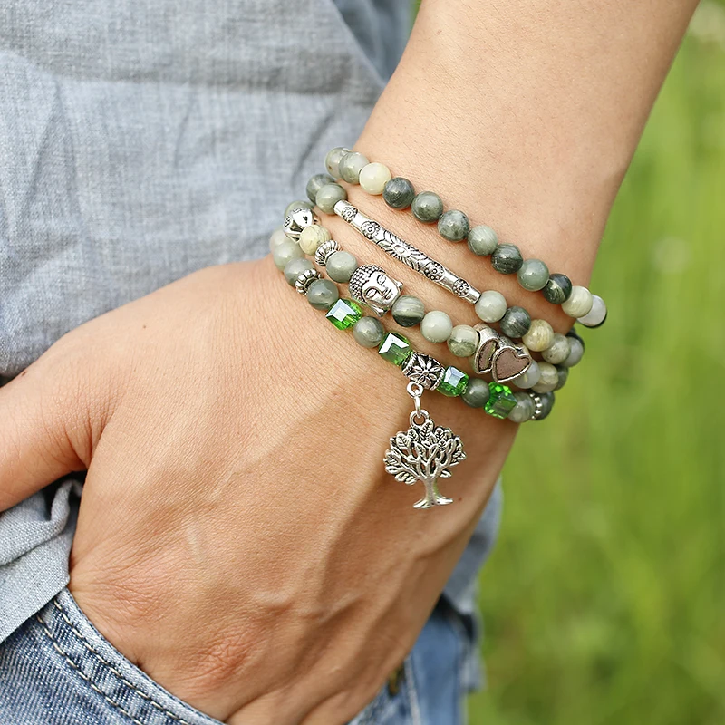 Natural Green Grass lace Agates Bracelet 108 Mala Bracelet Buddha Wing Pendant Chakra 6MM Beaded Necklace Yoga Prayer Bracelets