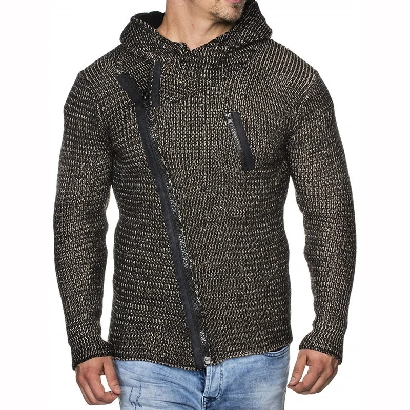 Мужской вязаный свитер с воротником-шарфом тонкий свитер с капюшоном на молнии хип-хоп Уличная одежда с длинным рукавом высококачественные мужские свитера