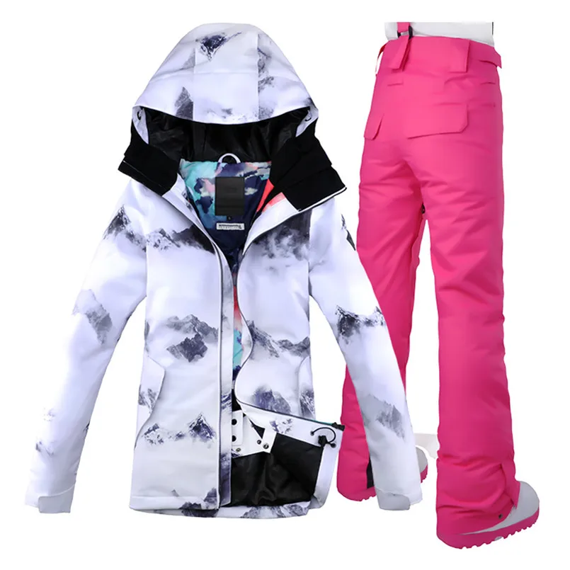 with rose pant Зимний горнолыжный костюм женский GS горнолыжный костюм женский,Теплый, водонепроницаемый, ветрозащитный женский зимний спортивный горнолыжный костюм,женский сноубордический костюм - Цвет: with rose pant