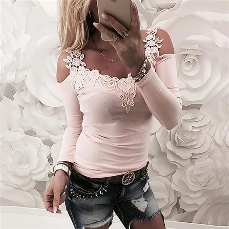 Женская Кружевная футболка Vogue летняя/Осенняя черная с длинным рукавом и