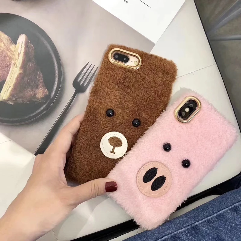Пушистые меховые силиконовые чехлы для телефонов iPhone X 8 7 6S Plus милый медведь