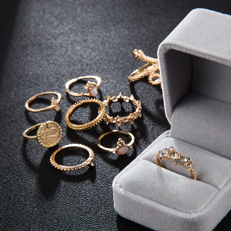 SexeMara 9pcs/set Boho Gold Colorful Crystal Snake Geometric Knuckle Midi Ring Set for Women Wedding Party Jewelry Anillos | Украшения и