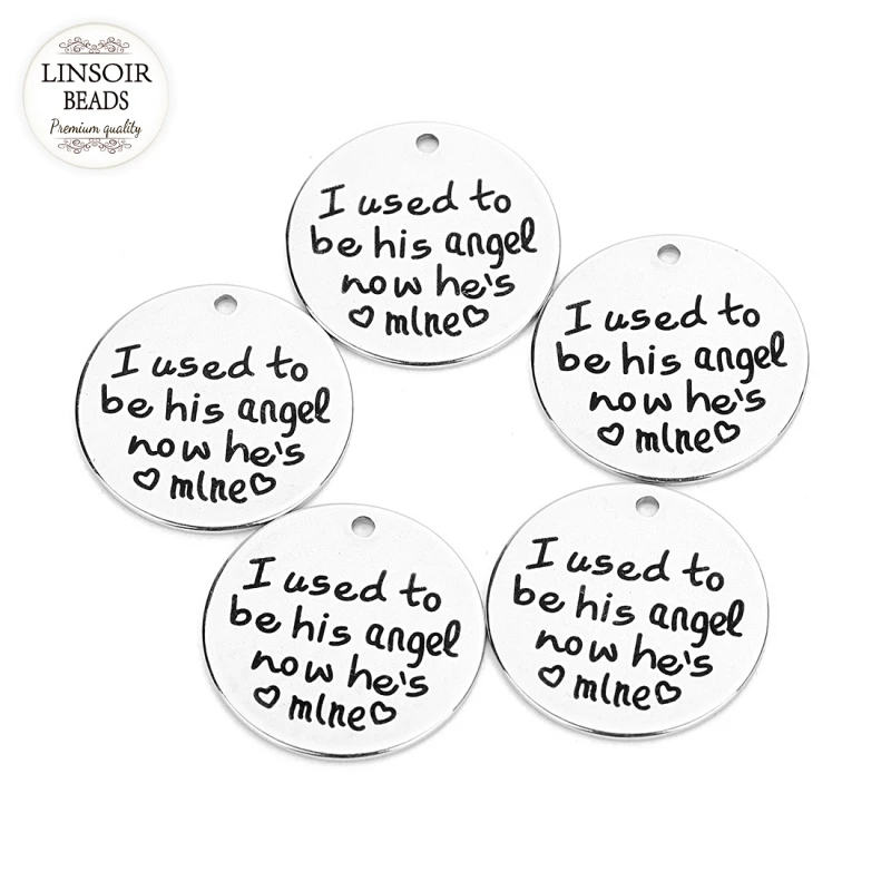 

Linsoir 5pcs/lot letters Stainless Steel Charm Pendent I used to be his angel now he's mine For DIY Bracelet Jewelry Findings