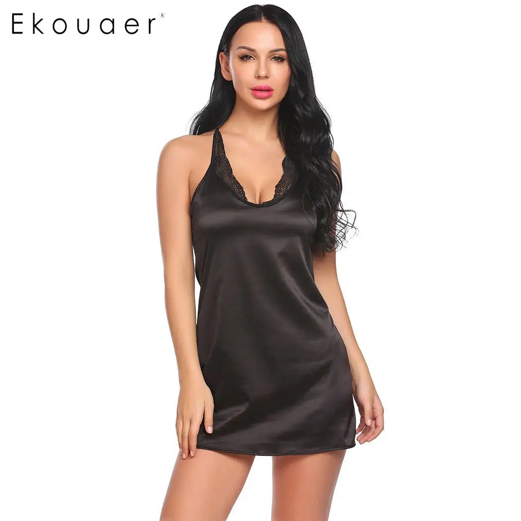 Black Ekouaer сексуальные ночные рубашки женские повседневные пижамы регулируемые бретельки без рукавов кружева лоскутное Ночное платье одежда для сна Женская - Цвет: Black