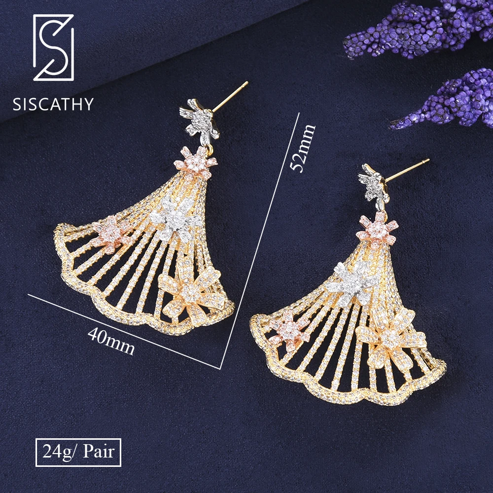 

SisCathy Luxury Triangle Fans Flower Cubic Zirconia Drop Dangle Earrings For Nigerian Women Wedding Engagement Party Jewelry