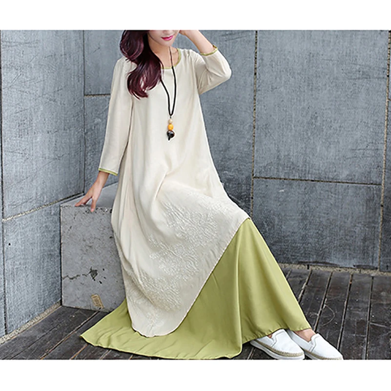 Loose large size female long dress Chinese style art Wrist Sleeved flax cotton and linen temperament Embroidery O-Neck dresses | Женская