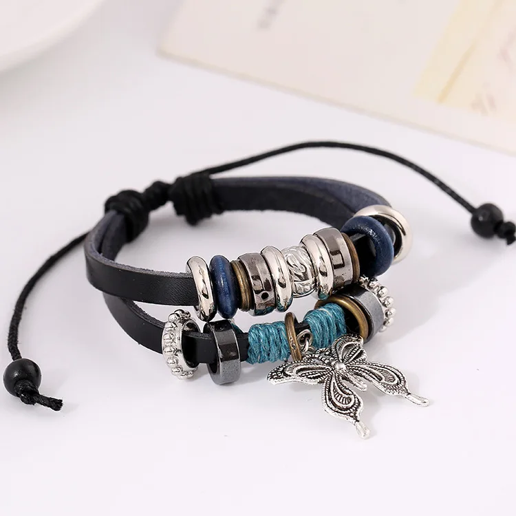 Модные кожаные браслеты с бабочками для женщин ювелирные изделия Boho плетеный