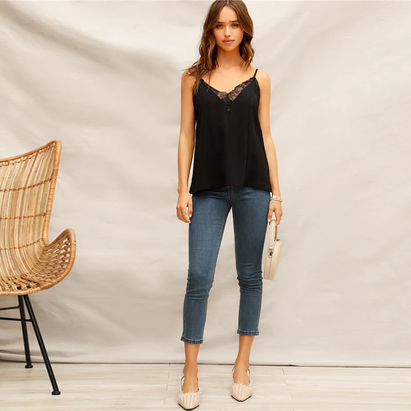 SHEIN Однотонный Топ На Бретельках С Кружевной Вставкой, Стильный Топ С Кружевной Отделкой