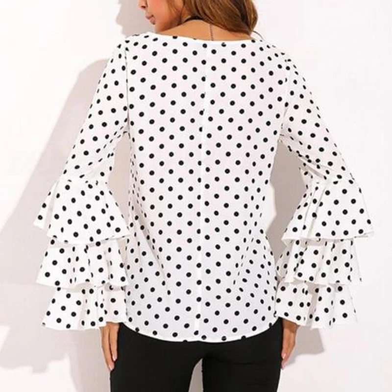Элегантный горошек печати с расклешенными рукавами Для женщин Blusas рубашки