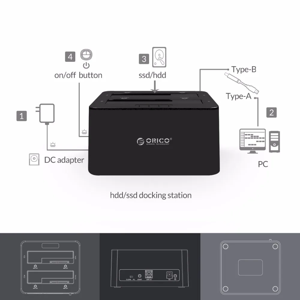 Док станция ORICO 6629US3 C для внешних жестких дисков с 2 отсеками SATA на USB3.0 5/HDD