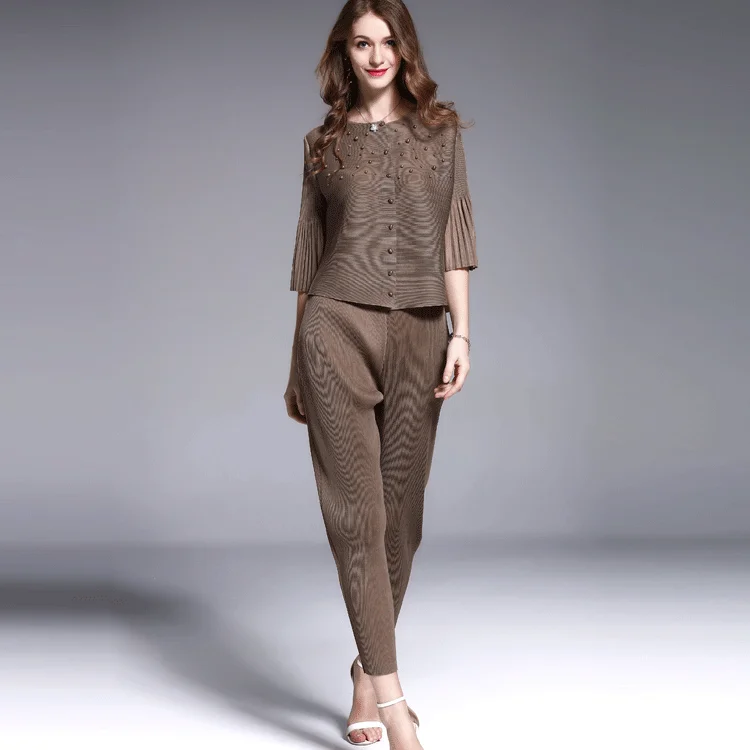 Changpleat, дизайнерское Женское пальто с бусинами, плиссированное,, летнее, свободное, тонкое, одноцветное, с рукавом 3/4, короткая женская куртка размера плюс, верхняя одежда