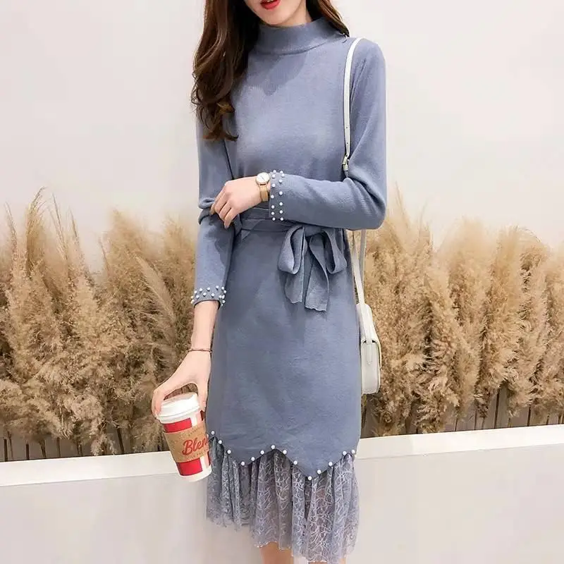 

2019 Spring Autumn Winter Women Pullovers Sweater Dress Female Elegant Vestidos Loose Lace Patchwork Knitted Dress H21
