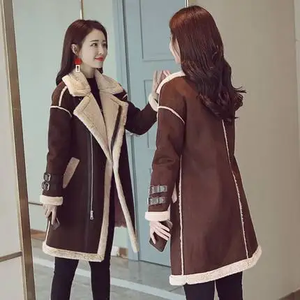 Coffee color Длинная овечья шерсть замшевая куртка женские зимние пальто корейский Turn-Down Воротник Толстая теплая верхняя одежда тонкая Парка женская одежда B991 - Цвет: Coffee color