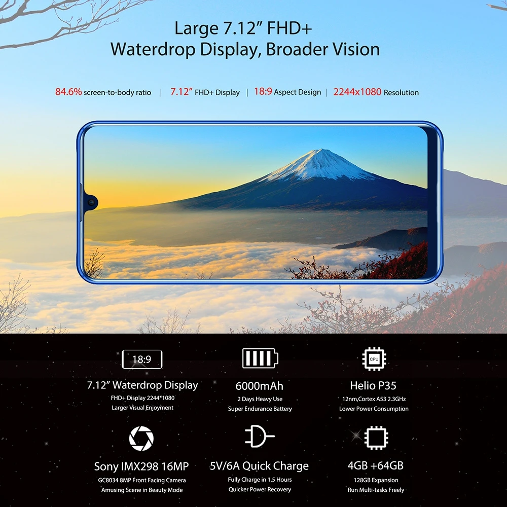 OUKITEL K9 водослива 7 12 &quotFHD + 1080*2244 16MP 2MP/8MP смартфон 4GB 64GB Face ID 6000mAh 5 V/6A Быстрая зарядка