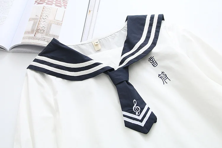 Blusas mulher elegantes блузки женские Мори девушки Лето японский стиль кавайная морская воротник темно-синий белый буквы рубашка