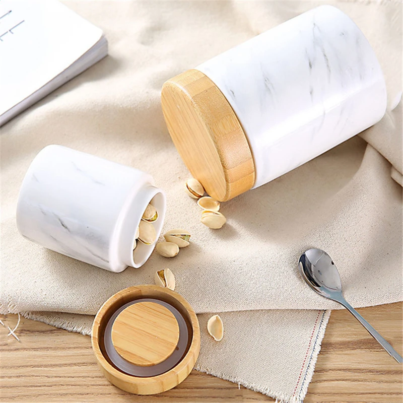 

Marble Ceramic Seal Jar Nordic Exquisite Wooden Cover Sealed Cans Multifunction Kitchen Tea Sugar Nut Cosmetic Brushes Holders