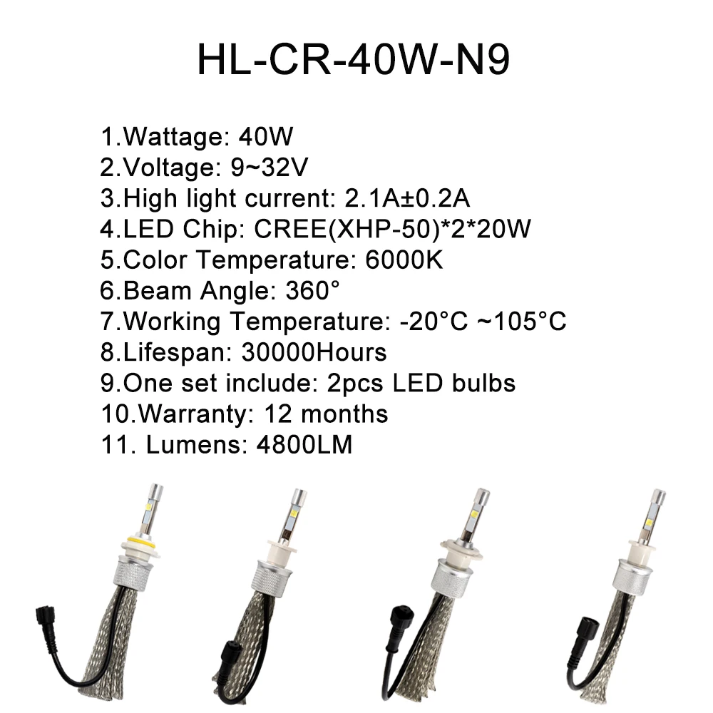 1 пара 9 ~ 32В 40 Вт N9 4800LM 6000 К авто светодиодный светильник ing Системы 9005 9006 H4 H7 H11 H8
