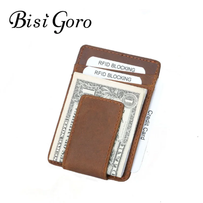 

Bisi Goro 2019 Men Crazy Horse Genuine Leather Card Holder Vintage Money Clip Card Package Thin Holder Rfid Blocking Reader
