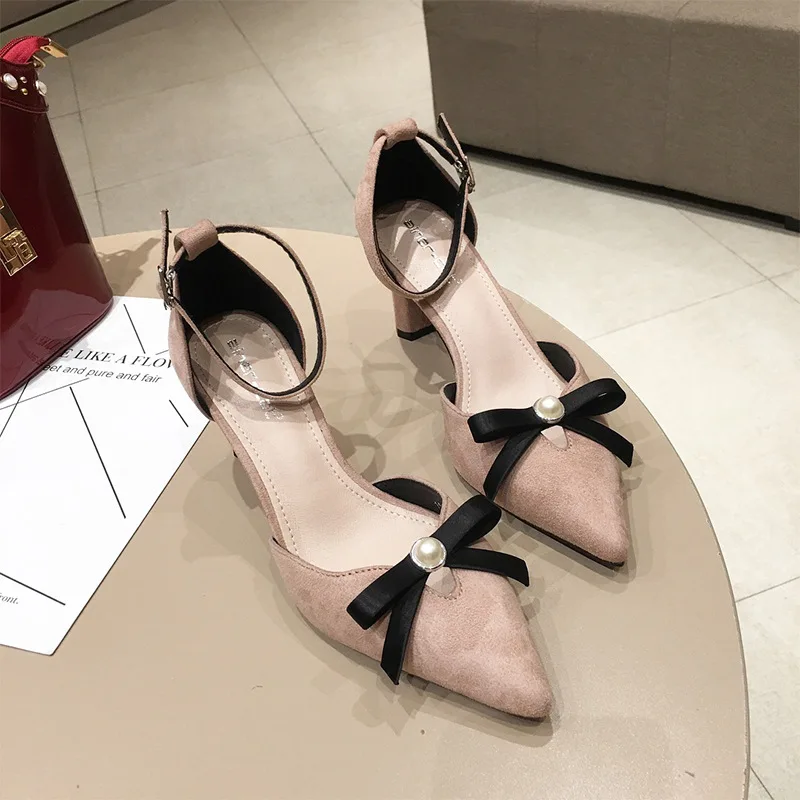 Новинка весенние корейские женские замшевые туфли на высоком толстом каблуке с