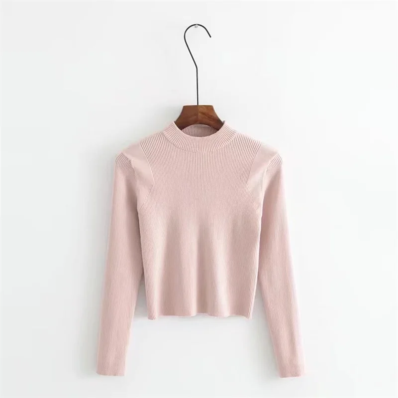 Elegent! Женские вязанные топы с длинными рукавами в рубчик и воронкой, тонкие пуловеры, кроп-трикотаж, 8 цветов