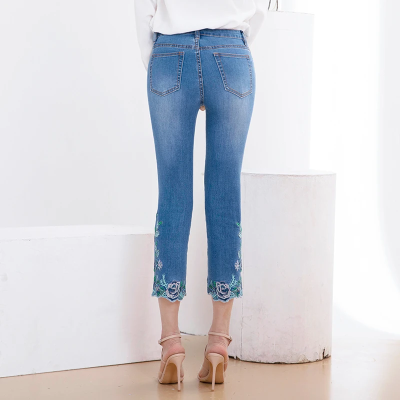Embroidery Jeans For Women High Waiste Plus Size Fashion skinny Quality Mom Denim pencil Pants |