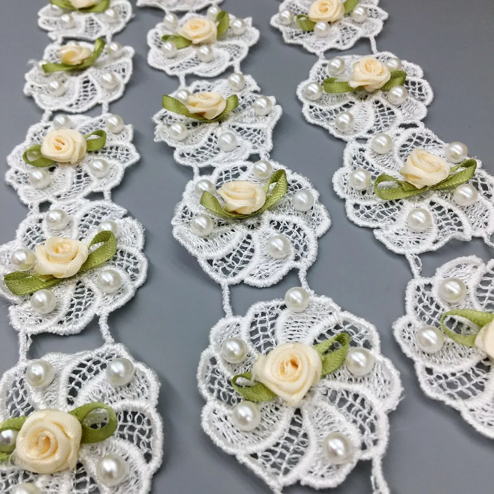 1Yd Желтая роза ветряная мельница цветок жемчуг кружевная отделка свадебное