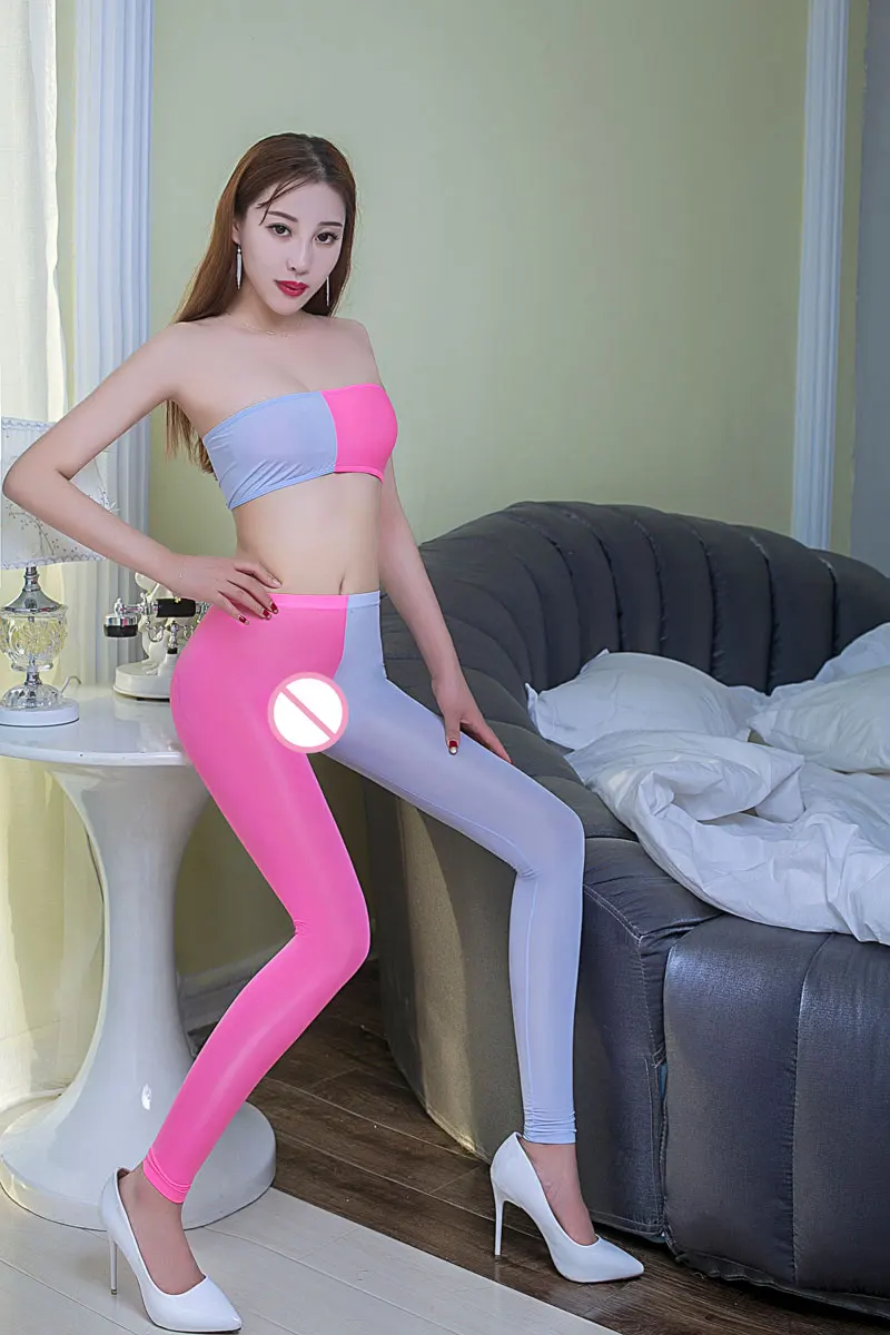 Pink And Gray Сексуальные женские Лоскутные яркие цвета ледяной шелк прозрачные леггинсы прозрачные узкие брюки Эротическое белье Клубная одежда без бретелек - Цвет: Pink And Gray