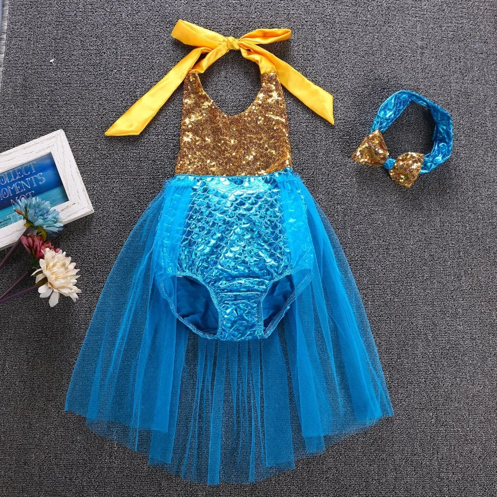 Купальный костюм русалки для маленьких девочек платье с повязкой на голову