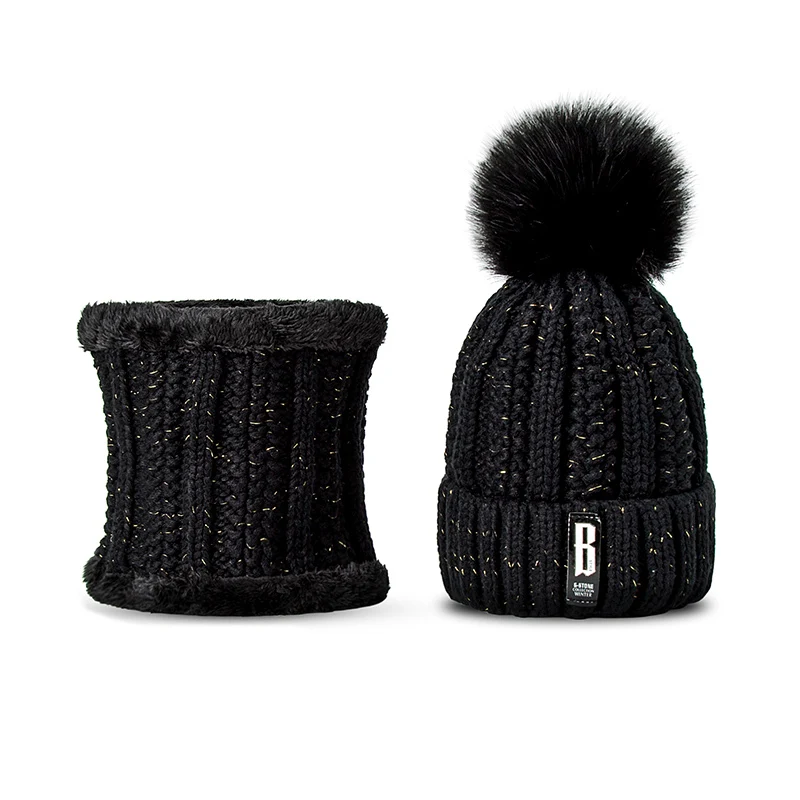 Black Fashion Pompoms Women Winter Hat Scarf Set Girls Boys Warm Knitted Caps Scarves Men Female Sets 2 Pieces Unisex Hats Scarves - Цвет: Black