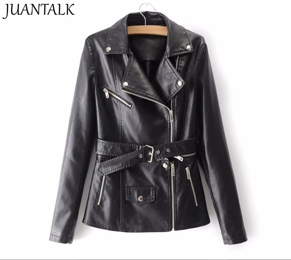 

JUANTALK Spring Autumn Women Fashion Style Slim Faux Leather Jacket Zipper Motorcycle PU jacket Black Red Pink Coat