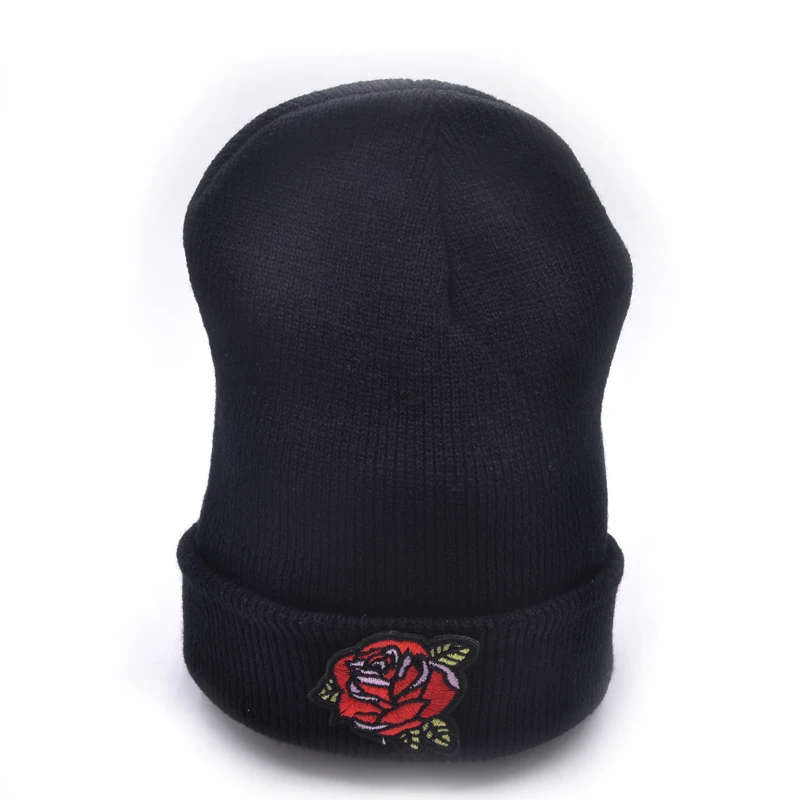 

100% Cotton Rose embroidery hat black cap Winter Hat dad cap Women's Skullies Beanies Knitted Touca Gorro Caps For Men Women